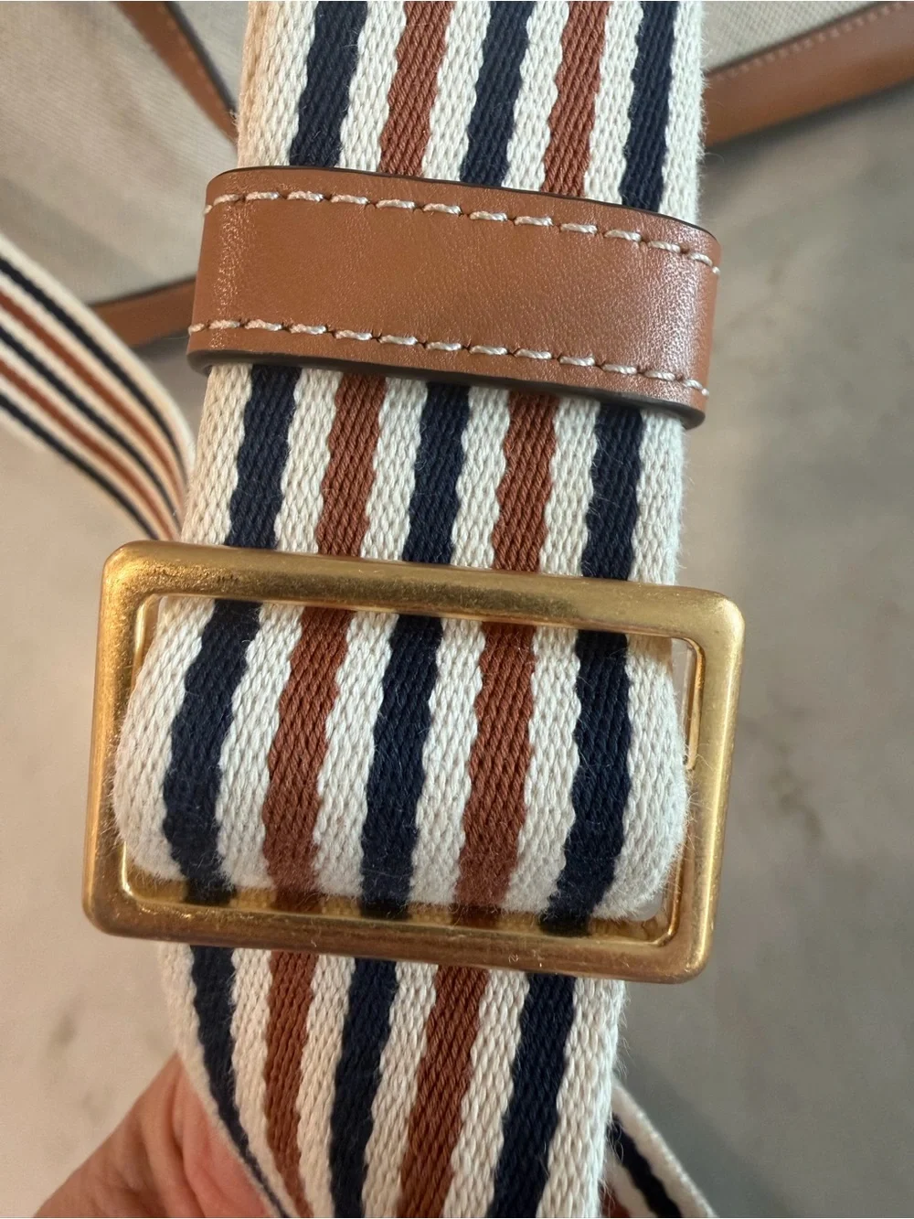 Tory Burch Neutral Canvas Tote with Tan Leather Trim and Striped Strap